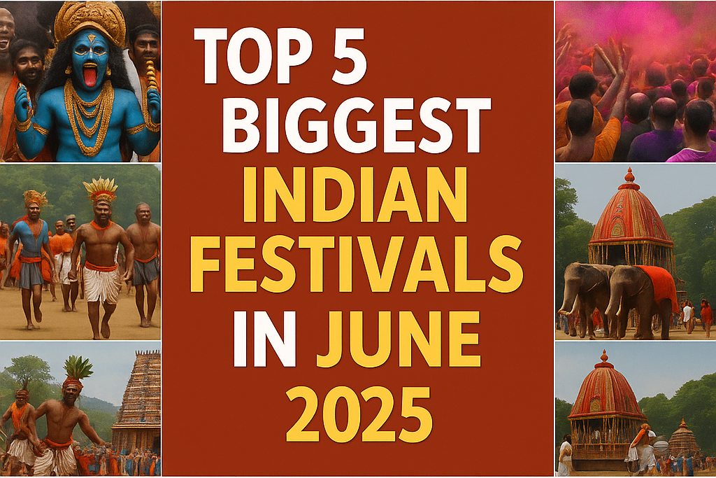 Collage of vibrant Indian festivals celebrated in June 2025, including Shimla Summer Festival, Saga Dawa, Ambubachi Mela, Sindhu Darshan, and Ganga Dussehra, showcasing colorful rituals, temple processions, and cultural performances across regions like Himachal, Sikkim, Assam, Ladakh, and Varanasi.